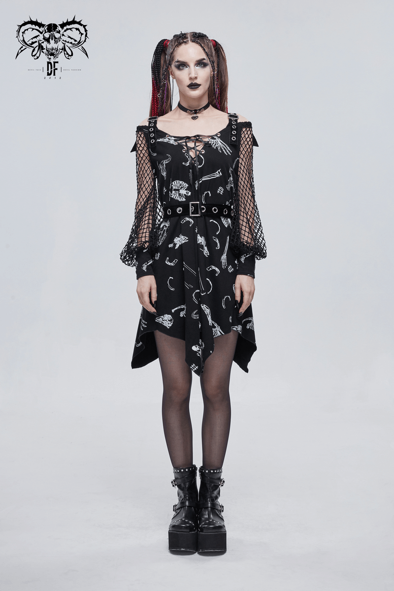 Women's Asymmetrical Dress with Buckle Straps on Shoulders / Gothic Dress with Mesh Lantern Sleeves - HARD'N'HEAVY
