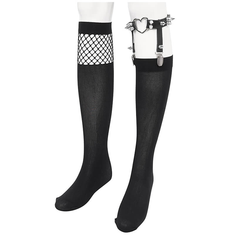 Women's knee-length black asymmetrical mesh splice socks with heart garter, showcasing edgy punk style.