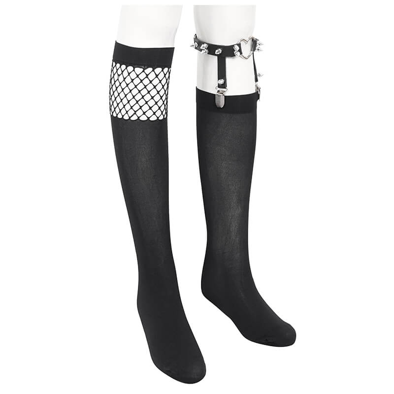 Women's Asymmetrical Mesh Splice Socks with Garter / Knee-Length Socks with Metal Heart-Shaped - HARD'N'HEAVY