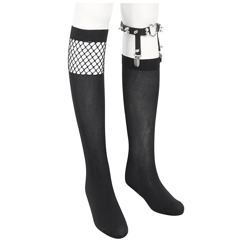 Women’s knee-length asymmetrical mesh splice socks featuring a punk metal heart garter.
