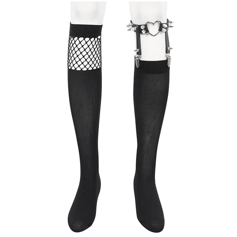 Women's Asymmetrical Mesh Splice Socks with Garter / Knee-Length Socks with Metal Heart-Shaped - HARD'N'HEAVY