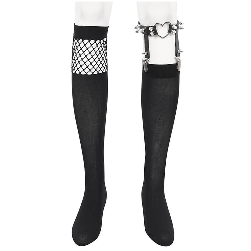 Women's asymmetrical knee-length socks with mesh splice and metal heart garter for edgy fashion.