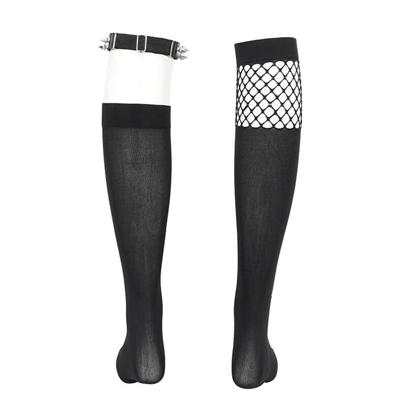 Women's asymmetrical black knee-length socks with mesh splice and metal heart garter, punk-style fashion accessory.