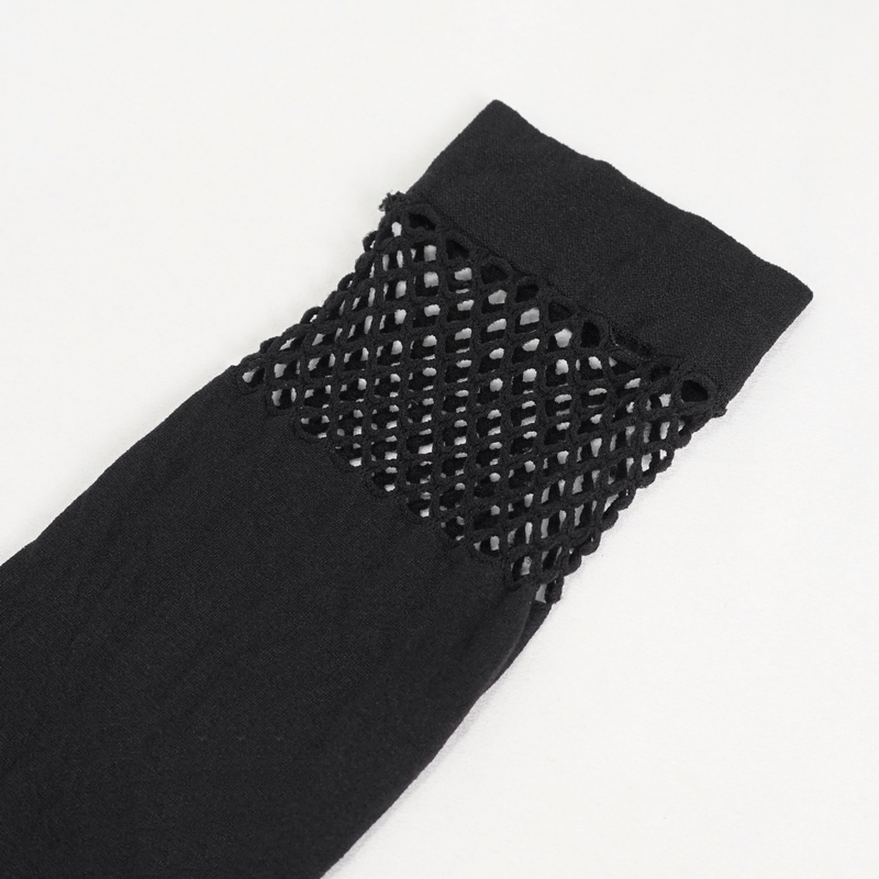 Close-up of black women's asymmetrical knee-length sock showing mesh splice detail and soft fabric texture.