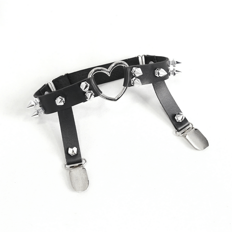 Stylish black garter belt with heart-shaped metal buckle and punk spikes for an edgy look.