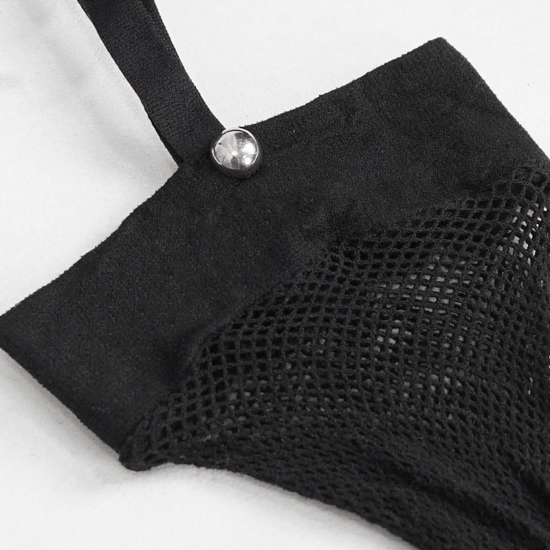 Close-up of asymmetrical black mesh splice sock with metal snap and smooth texture, showcasing edgy style.
