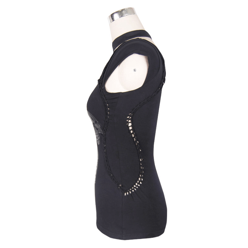 Women's gothic black asymmetrical top with skeleton print and stylish mesh detail.
