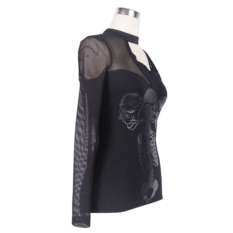 Women's gothic asymmetrical black top with skeleton print and mesh sleeves, perfect for punk fashion.