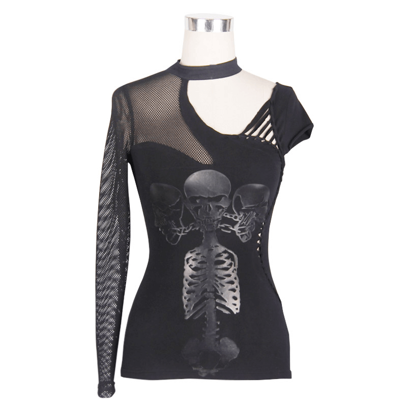 Women's Asymmetrical Sleeves Skeleton Tops / Gothic Punk Style Mesh Black T-shirt - HARD'N'HEAVY