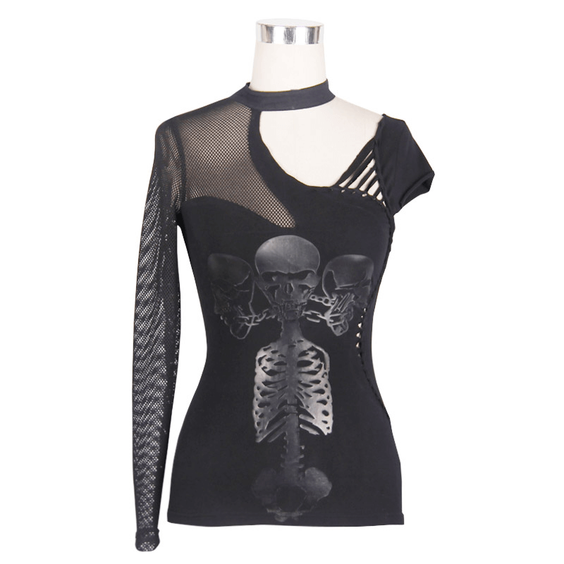 Women's gothic black asymmetrical skeleton top with mesh detail and bold skeleton print.