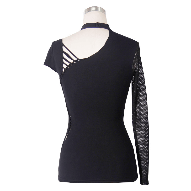 Back view of women's gothic black asymmetrical top with skeleton print and mesh sleeve, perfect for a punk style.
