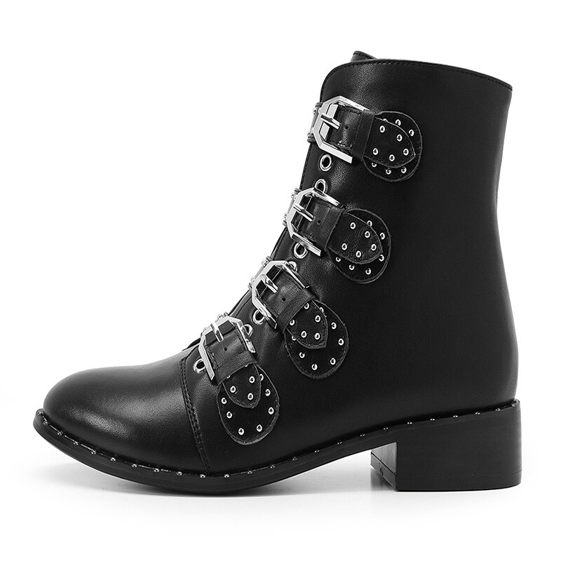 Stylish black women's ankle boots with low heel and metal rivets, perfect for autumn and winter casual wear.