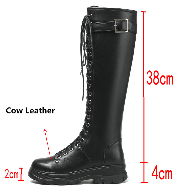 Women's knee-high motorcycle boots, genuine leather, square heel platform, EU sale - stylish black boot with buckle and laces.