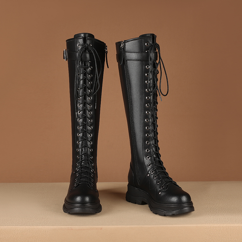 CLEARANCE / Women's Autumn-Winter Knee-High Motorcycle Boots / Genuine Leather Square Heel Platform - HARD'N'HEAVY
