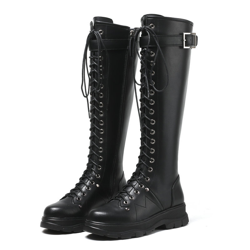 Stylish women's knee-high genuine leather motorcycle boots with lace-up design and square heel platform.