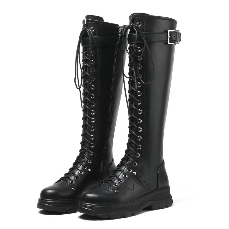 CLEARANCE / Women's Autumn-Winter Knee-High Motorcycle Boots / Genuine Leather Square Heel Platform - HARD'N'HEAVY
