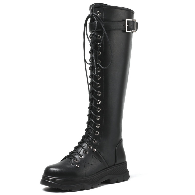 Women's high knee genuine leather motorcycle boots with lace-up design and chunky sole.