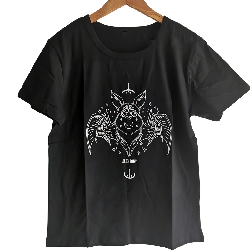 Women's black bat graphic t-shirt with loose fit and stylish print, perfect for gothic and punk fashion enthusiasts.