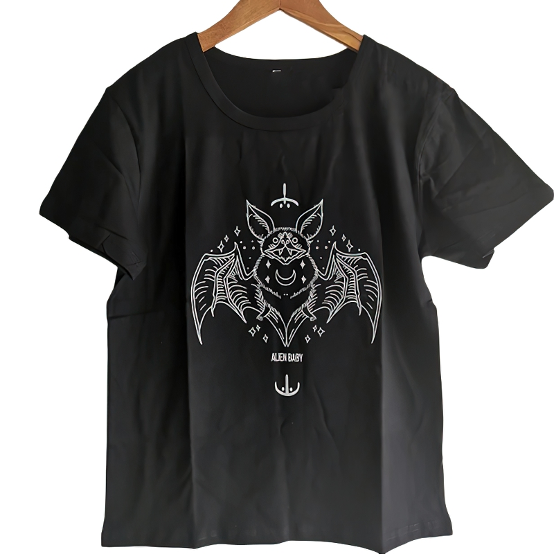 Women's Bat Graphic T-Shirts / Punk Style Female Black Tshirt / Gothic Cotton Tops - HARD'N'HEAVY