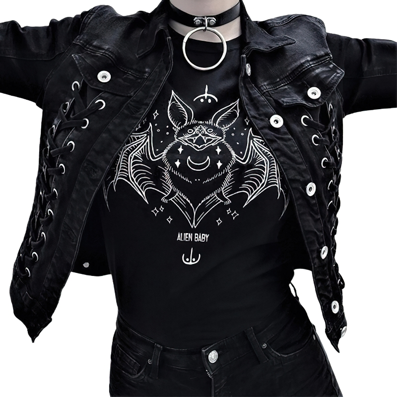 Gothic women's bat graphic t-shirt under a stylish black jacket with a unique design and punk fashion flair.