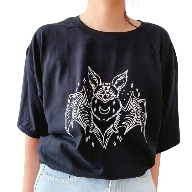 Women's black bat graphic t-shirt featuring a stylish white bat print, perfect for gothic punk fashion.