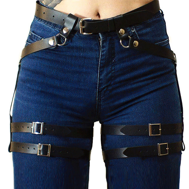 Women's adjustable faux leather harness body belt featuring decorative metal rivets for stylish stocking support.
