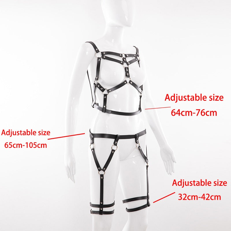 Women's adjustable faux leather harness belt with metal accents, perfect for stockings and body bondage.