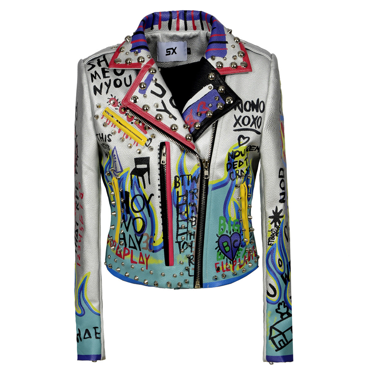 Women's biker PU leather jacket with graffiti print, rivets, and zippers for a stylish edge.