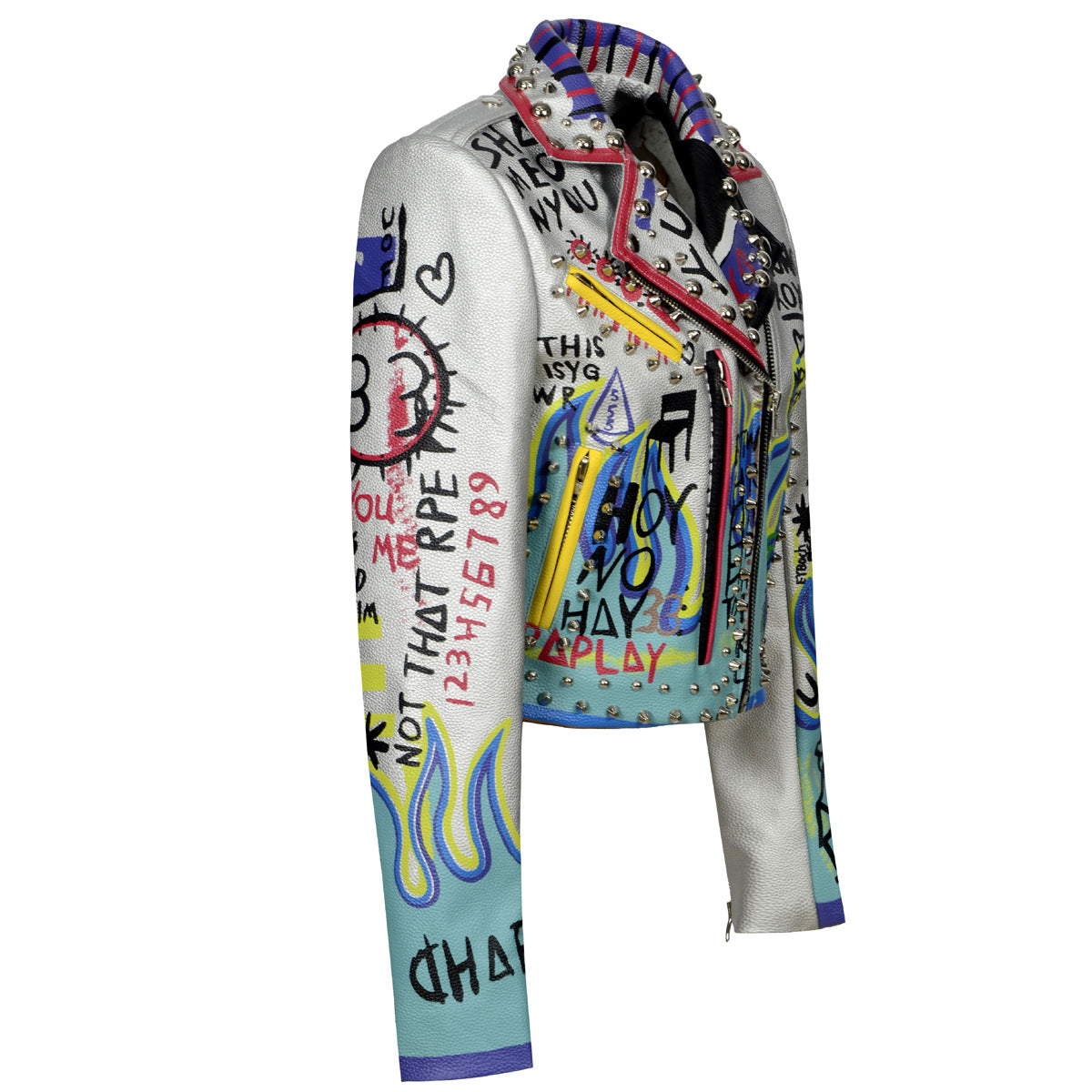 Women's silver leather biker jacket with colorful graffiti print and rivets, perfect for a bold, stylish look.