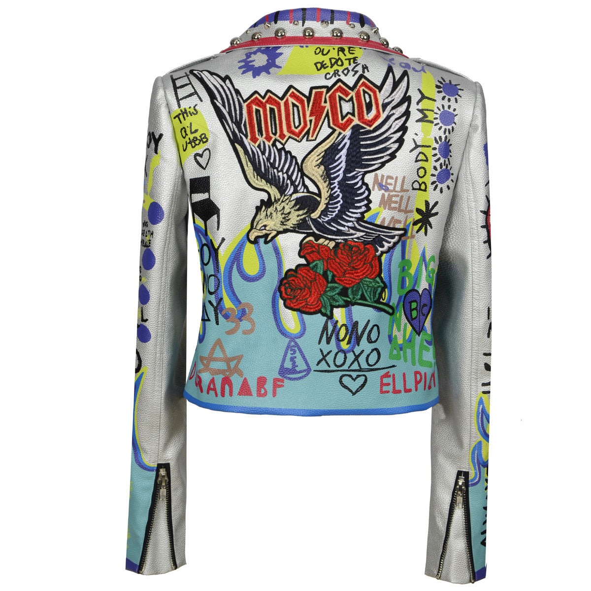 Women's silver biker jacket with eagle print, graffiti decor, rivets, and zippers for a stylish motorcycle look.