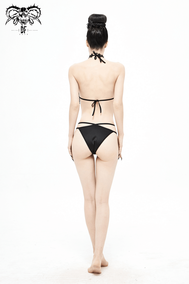 Back view of women's black bikini with choker, featuring gothic lace appliqué and elegant design.