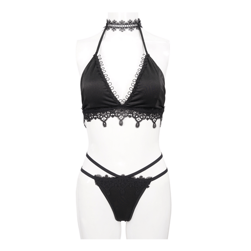 Elegant women's black bikini with choker and gothic lace appliques, showcasing a stylish swimsuit set on a mannequin.