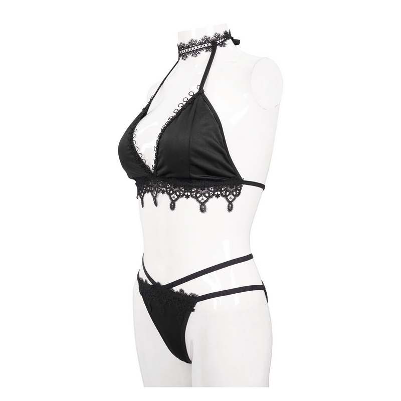 Elegant women's black bikini with choker and lace appliques, showcasing gothic style and grace.