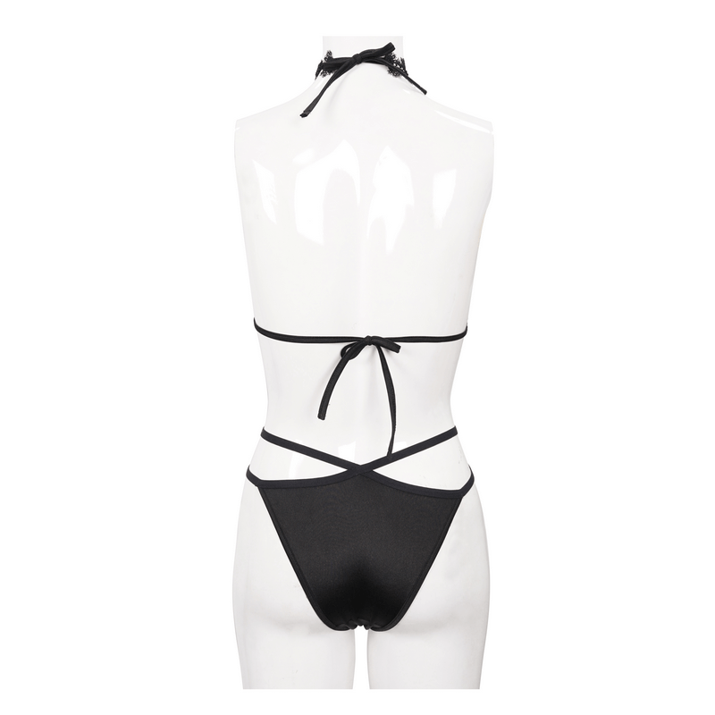 Elegant back view of women's black bikini with choker and crisscross straps, showcasing gothic lace design.