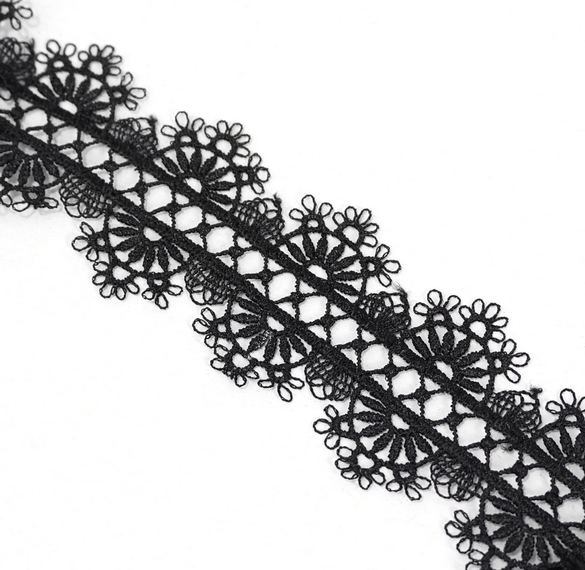 Elegant black lace trim with intricate floral designs, perfect for adding a gothic touch to fashion or craft projects.