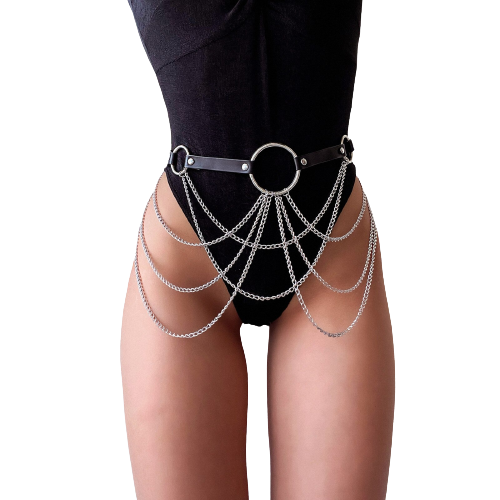 Women's black body harness with chains, perfect for gothic or alternative style outfits. A must-have accessory for unique fashion!
