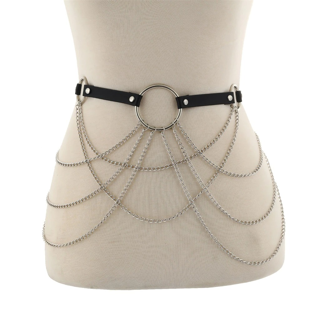 Women's black leather body harness with chains, perfect for gothic and alternative fashion looks.