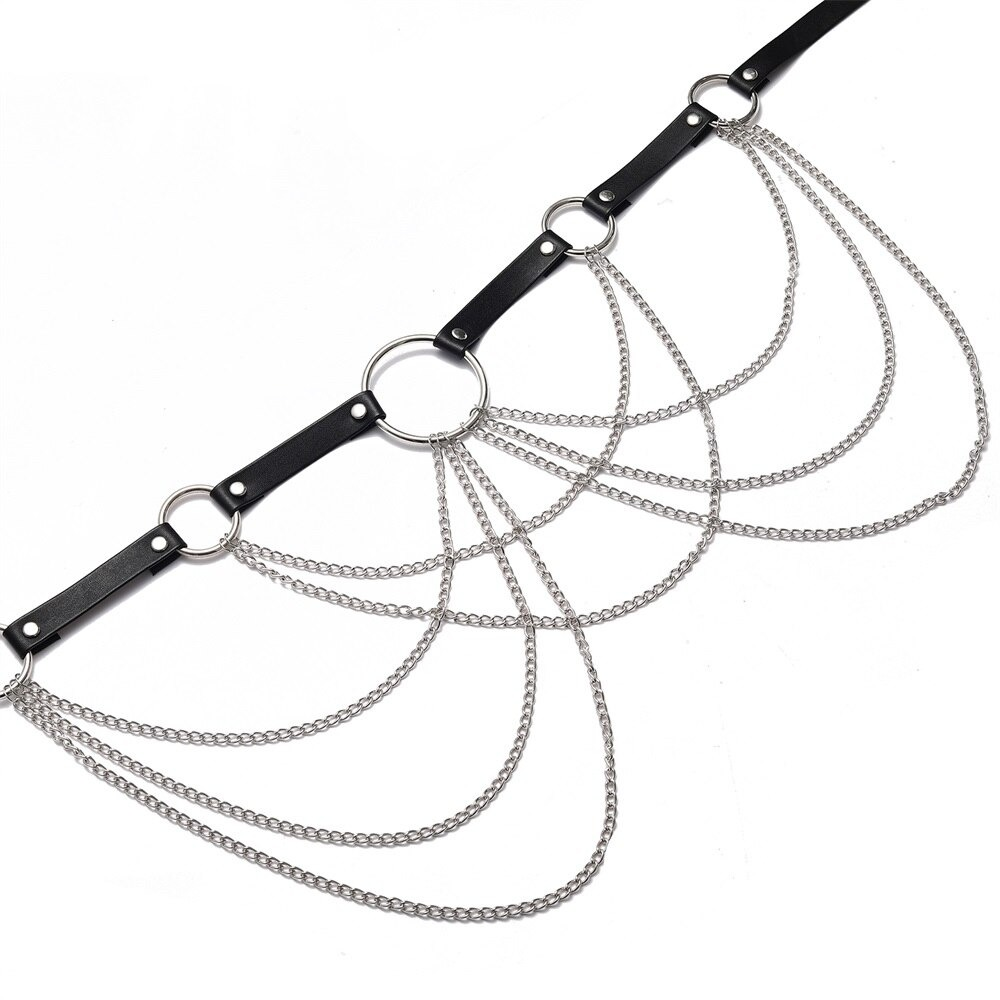 Gothic women's black body harness with chain, a stylish alternative accessory for rock fashion.