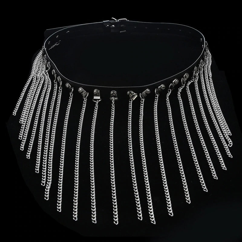 Gothic women's faux leather waist belt with dangling chains, alternative fashion accessory, rock style body harness belt.