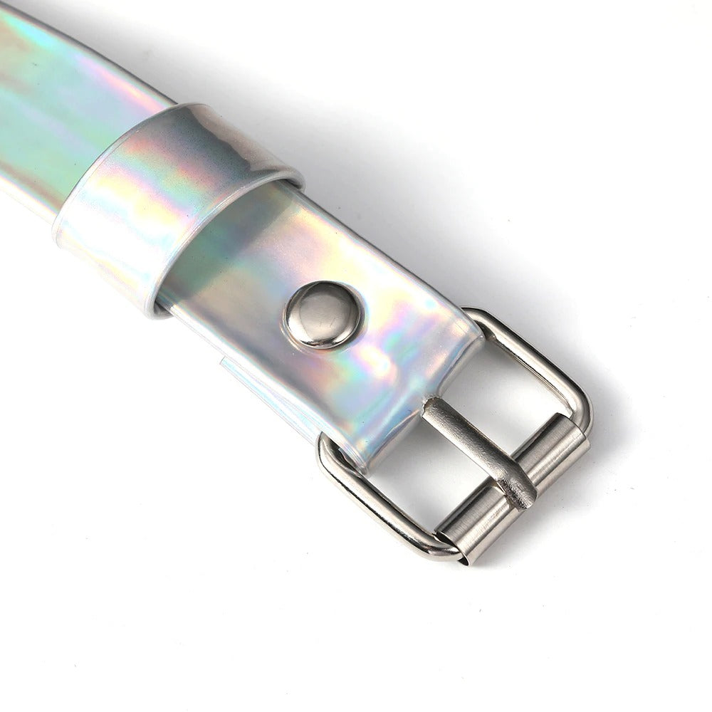 Iridescent faux leather belt with silver buckle and snap button.