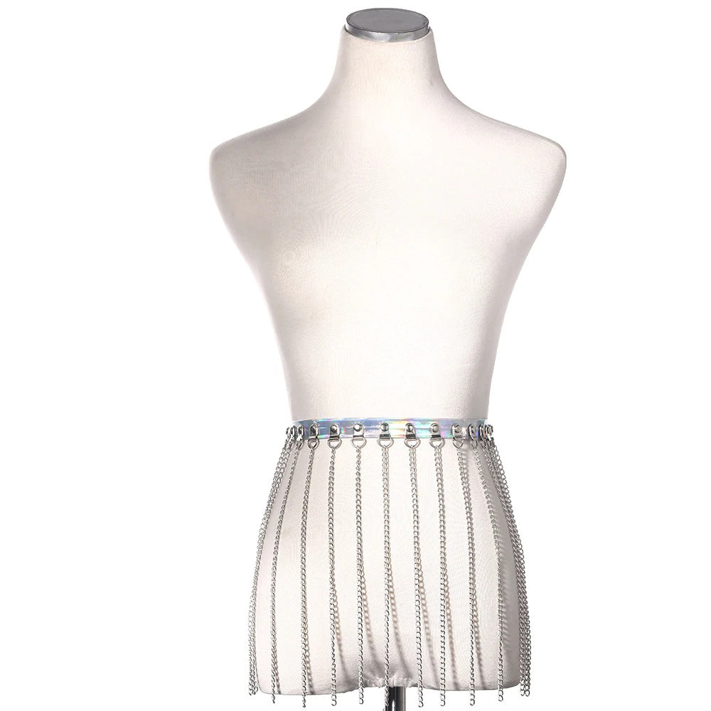 Women's gothic faux leather waist belt with chains on mannequin, alternative fashion accessory for rock style.