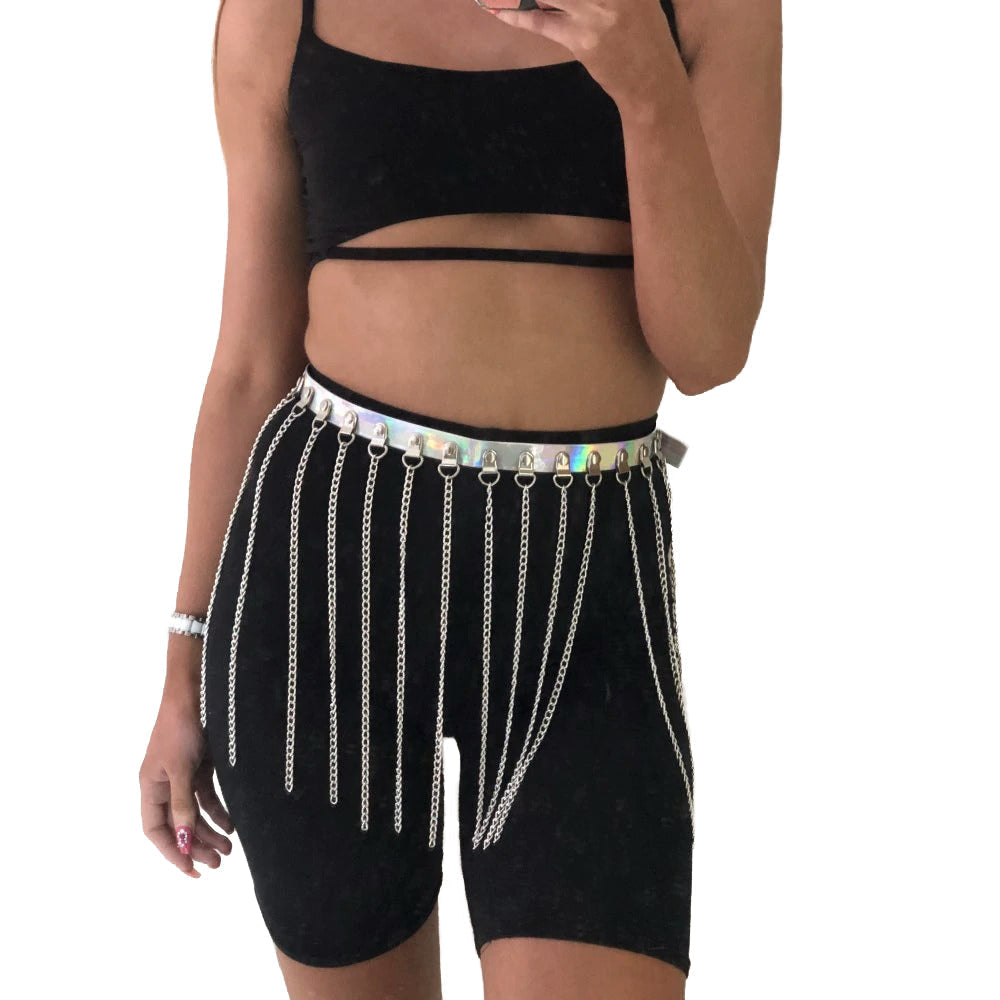 Gothic faux leather waist belt with hanging chains, perfect for alternative fashion and rock-inspired outfits.