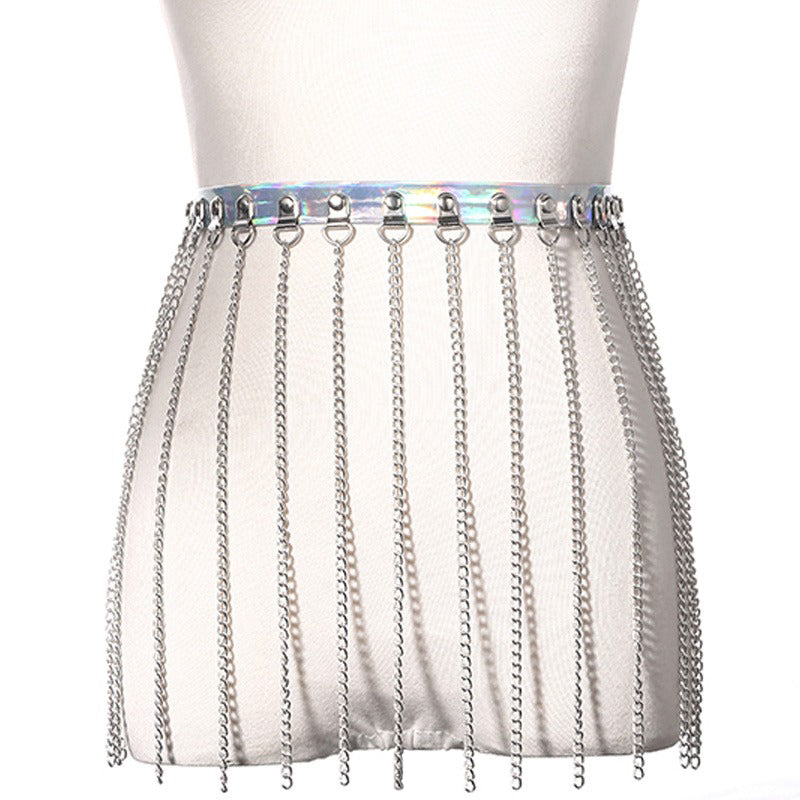 Gothic faux leather waist belt with chains, women's alternative fashion accessory, unique rock style harness belt.