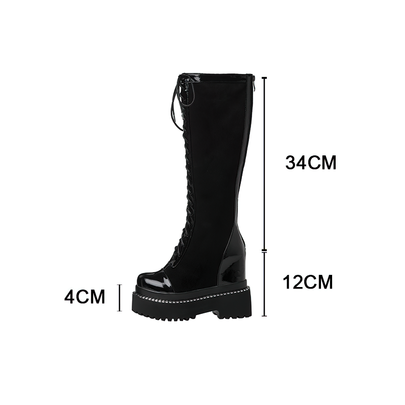 Stylish women's black knee-high boots with thick bottom, featuring high lacing and a sleek design, perfect for any outfit.