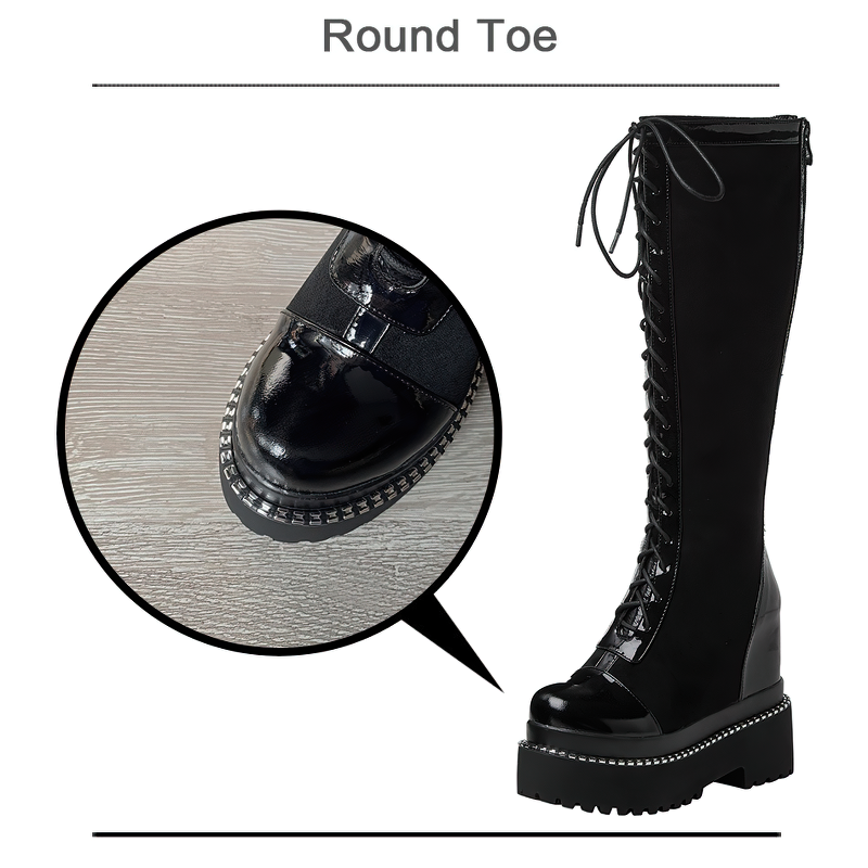 Close-up of women's black over-the-knee British style boots featuring a round toe and high lacing, perfect for rock outfits.