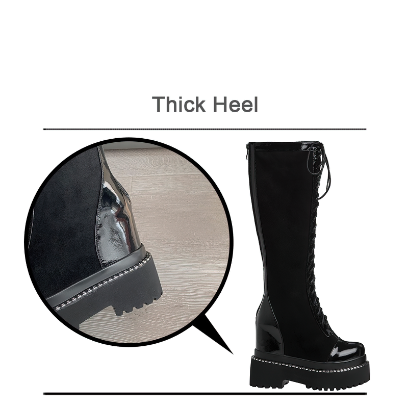 Women's black over-the-knee boots with thick heel and high lacing, perfect for any rock-inspired outfit.