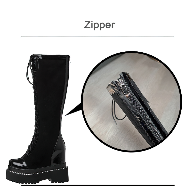 Close-up view of stylish women's black over-the-knee boots featuring a robust zipper design for easy wear.