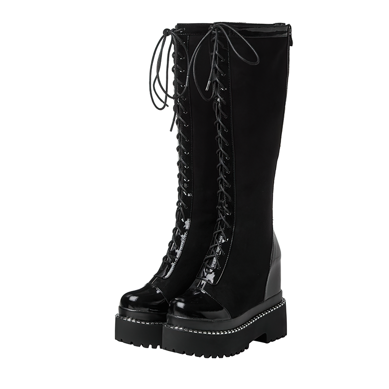 Women's black over-the-knee British style boots with thick sole and high lacing, perfect for rock fashion.