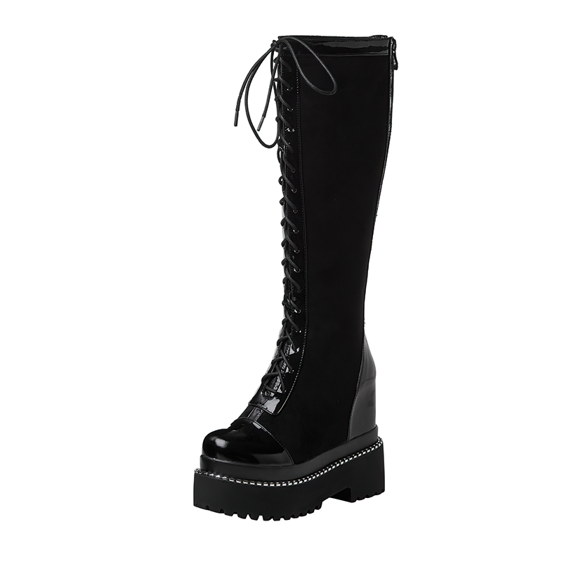 Women's black over-the-knee boots with thick soles and high lacing, perfect for stylish rock outfits.