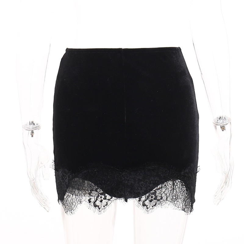Women's Black Corduroy Skirt with Lace Trim / Gothic Style Mini Skirt with Decorative Crosses - HARD'N'HEAVY